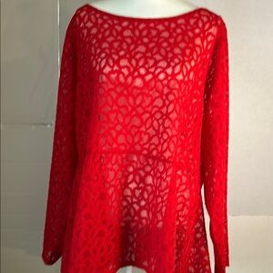 NWT Lane Bryant Sheer Peplum Red Lace Long Sleeve Boatneck Elegant Top. Size 20